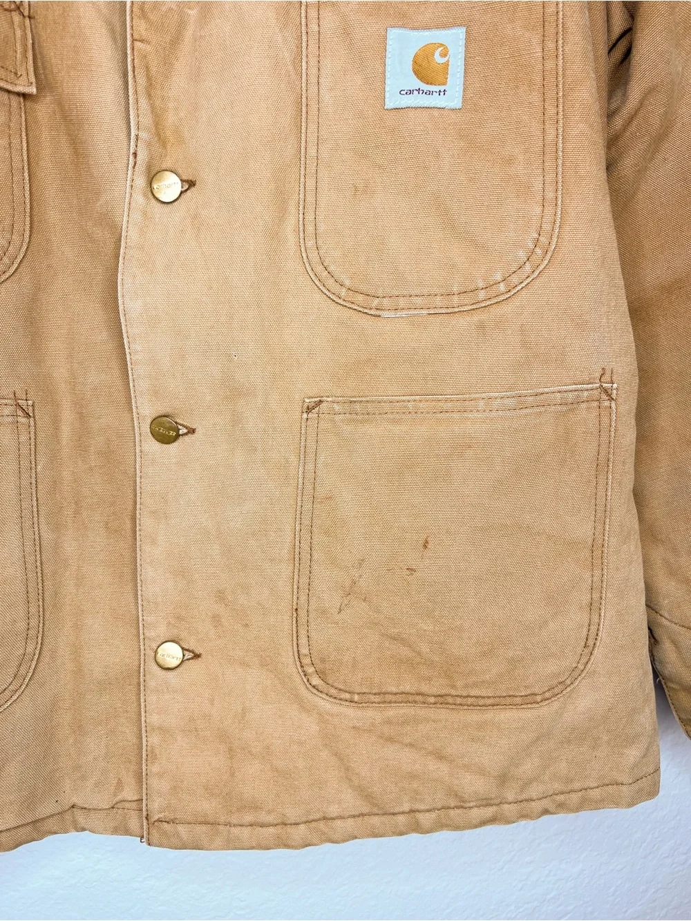 Vintage Carhartt Chore Jacket Barn Tan Duck Canvas Distressed Lined Mens size 44